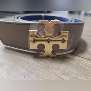 Tory Burch Reversible 1.5" Logo Belt Gray/Blue